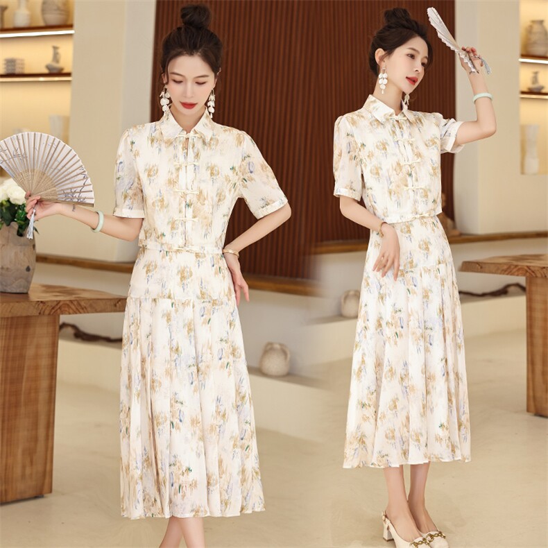 现货可推2024夏装新款气质新中式印花盘扣两件套裙马面长裙女，女装套装/套裙，时尚风爆