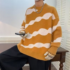 撞色条纹红色毛衣男秋冬季针织衫oversize套头情侣外套M5612/P52，男装针织衫/毛衣，星座506