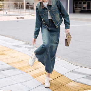 潮牌复古时尚牛仔套装女2024春秋新款洋气炸街短外套阔腿裤两件套图片