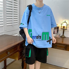 新款夏季短袖T恤工装裤短裤套装港风纯棉宽松潮男装DF320TP65，男装休闲套装，电商A086