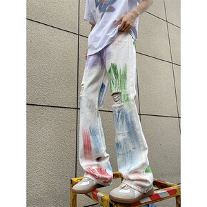 美式ins高街hiphop破洞多巴胺彩色涂鸦牛仔货号K2306P55图片