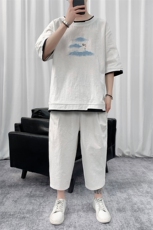 W851P75短句风风撞色休闲云朵印花短袖夏装T恤七分袖套装，男装休闲套装，电商A026