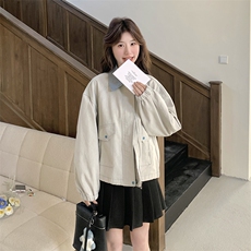 学院风拼色翻领牛仔外套女2025春季新款韩版宽松小个子夹克上衣潮，女装短外套，维壹