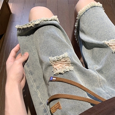 美式破洞牛仔短裤男女夏季潮牌毛边潮流高街vibe乞丐中裤ZJ12-P35，男装牛仔裤，星座1008