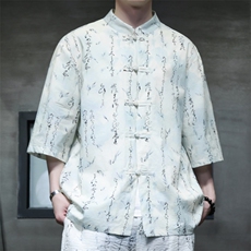 2025夏季新款风男装盘扣新中式唐装竹叶印花衬衫C109-P50，男装衬衫，电商B277(原6028)