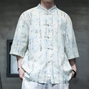 2025夏季新款风男装盘扣新中式唐装竹叶印花衬衫 C109-P50图片