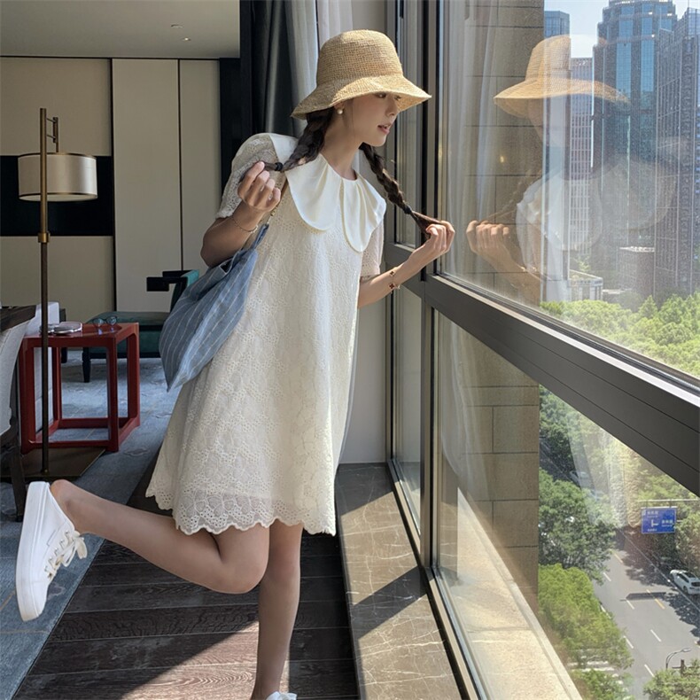 温柔风娃娃领小白裙女夏季新款蕾丝刺绣初恋甜美减龄小个子连衣裙,女装连衣裙,帛香坊