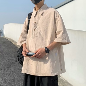 青春流行ins原宿时尚潮日系标准夏季衬衫潮流纯色慵懒五分袖男图片