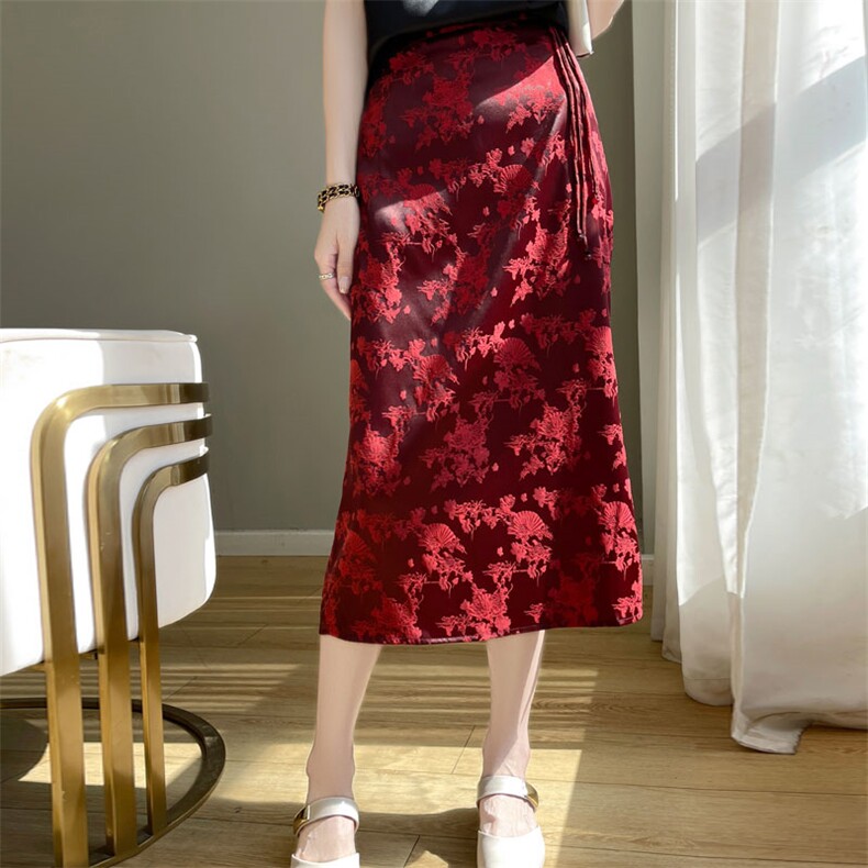 2023夏季新款高腰半身裙女国风复古新中式松紧腰长裙性感开叉裙子，女装半身裙，羊特美羊绒