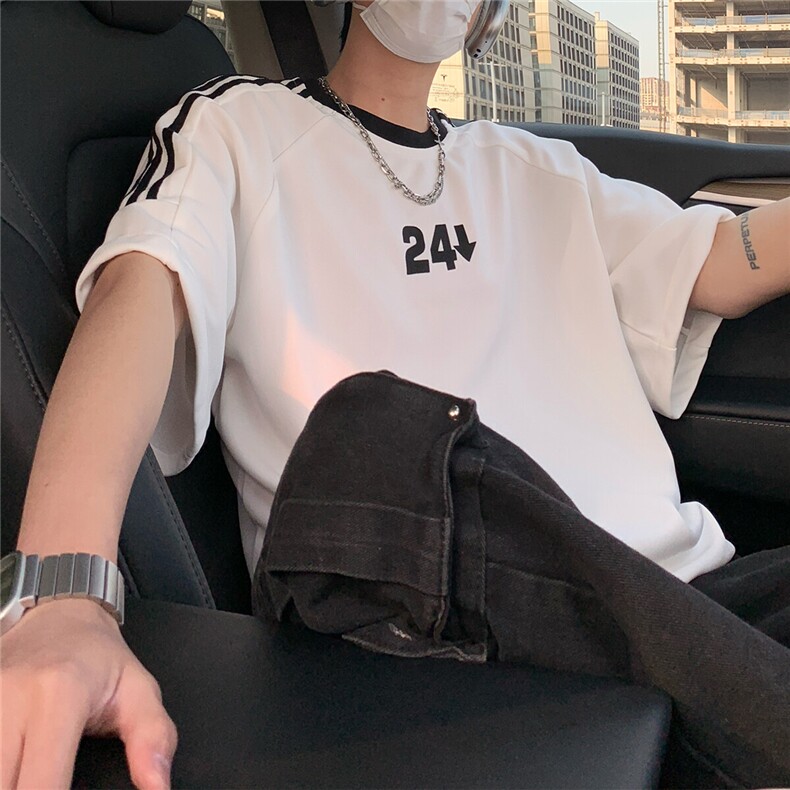 2026夏装新款薄款织带拼接短袖印花五分袖T恤T6606/特P30白色,男装T恤,电商A094