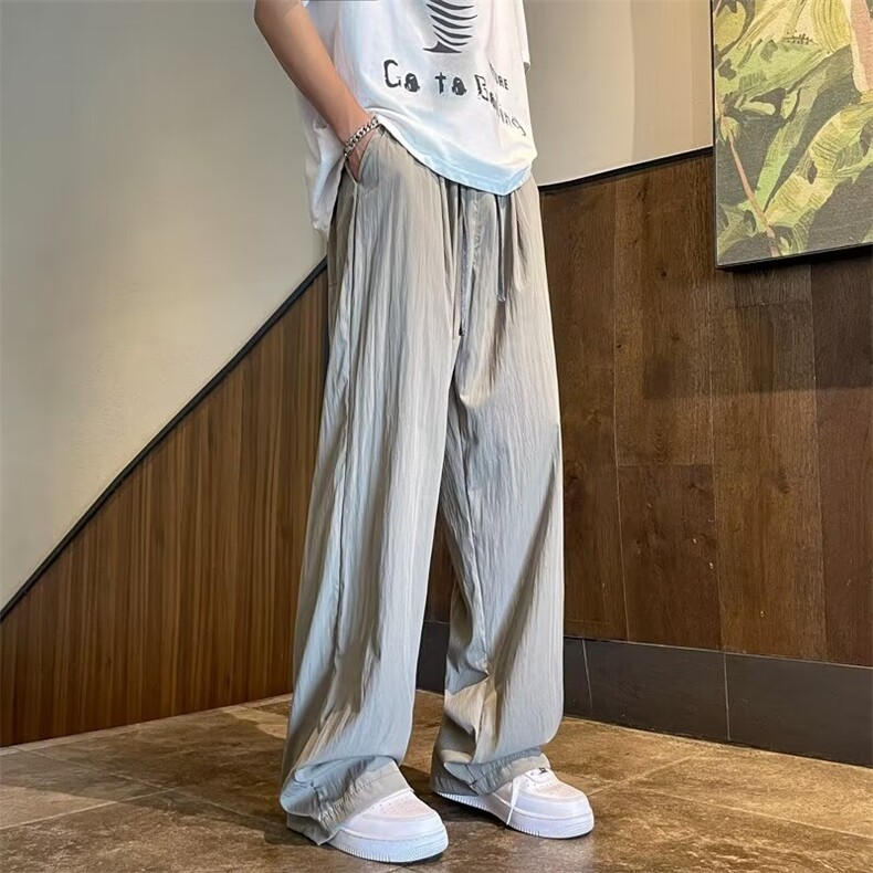 夏季薄款褶皱速干冰丝裤男士裤子潮流美式休闲直筒裤百搭宽松长裤图片