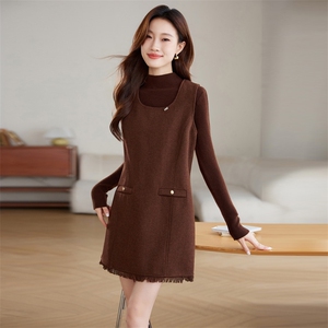 2024秋季时尚气质百搭长袖打底衫无袖背心连衣裙女宽松两件套套裙，女装套装/套裙，江南富贵女