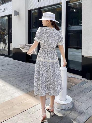 现货夏季法式碎花连衣裙2021新款收腰中长款长袖很仙的,女装连衣裙,妍妍衣坊