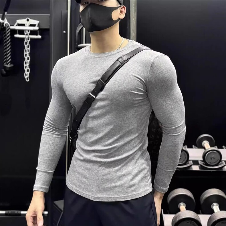秋冬季薄款纯色慵懒风内搭运动休闲长袖男士打底衫弹力健身衣服，男装T恤，星座506A