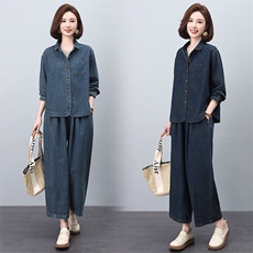 牛仔套装女2025年春秋新款时尚休闲宽松减龄洋气妈妈阔腿裤两件套，女装套装/套裙，悦见她