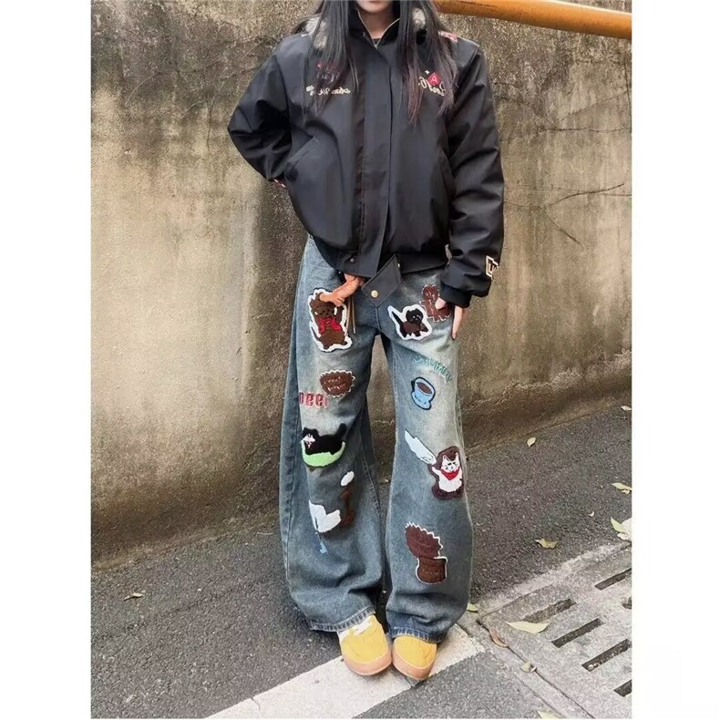 美式春秋个性潮流休闲拖地阔脚裤水洗牛仔裤男女N8455-P58,男装牛仔裤,星座208-5