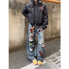 美式春秋个性潮流休闲拖地阔脚裤水洗牛仔裤男女N8455-P58，男装牛仔裤，星座208-5