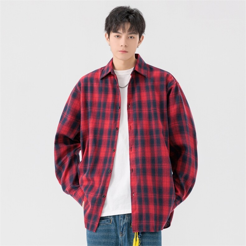 25年春季格子长袖衬衫得物二开衬衣宽松现货DS-C323-1-2382-T批30,男装衬衫,电商C323-1