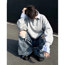 抖音得物高品质26春装美式高街假两件衬衫领长袖卫衣POLO领打底衫，男装T恤，电商A486