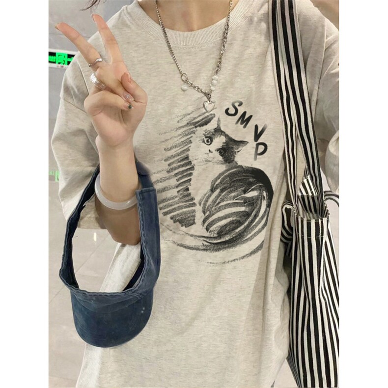 T0750-P25可爱萌宠猫咪印花纯棉短袖花灰色简约复古情侣款百搭,男装T恤,星座617A-2