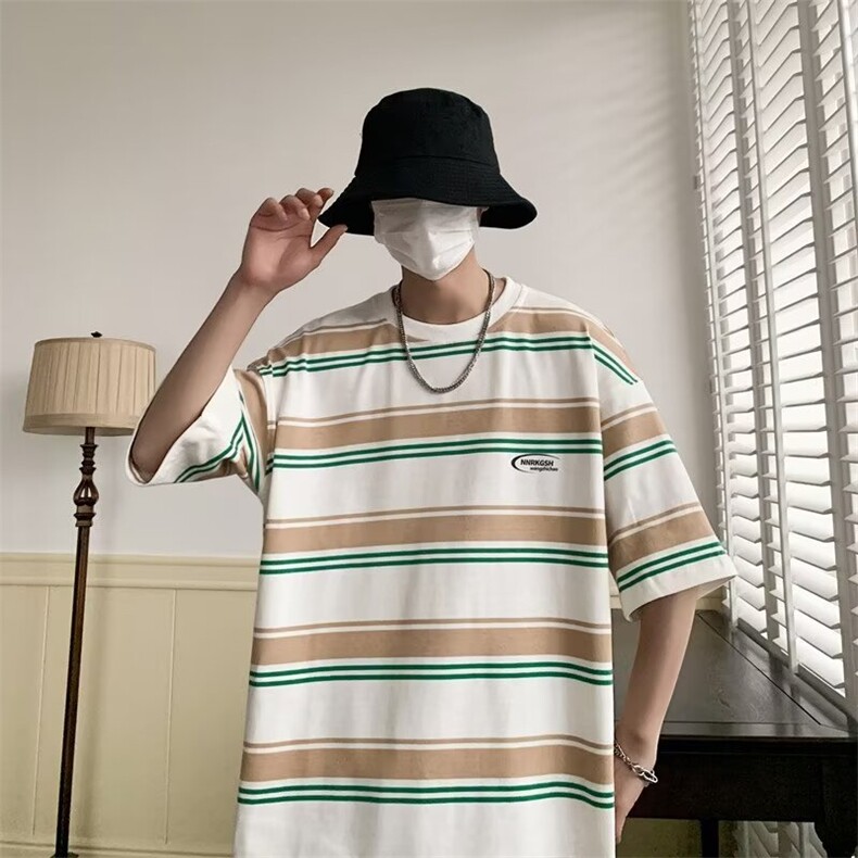 夏季纯棉高质量短袖条纹T恤宽松舒适T47p35,男装T恤,星座1013