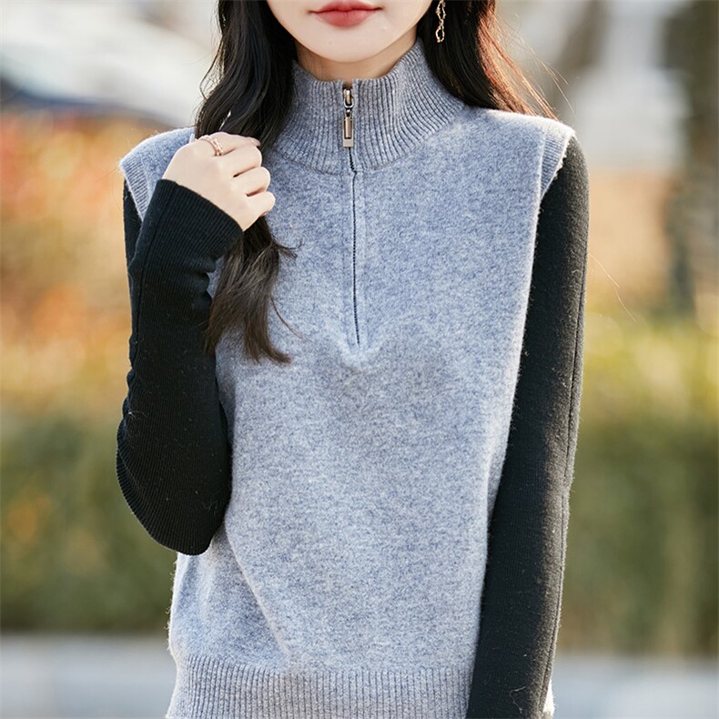 2025春秋新款羊毛马甲女高领半拉链加厚宽松毛衣坎肩上衣,女装马甲,哲奥羊绒