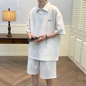 夏款学生立体提花半袖套装休闲翻领短裤T恤男女 7802-P75控价108图片