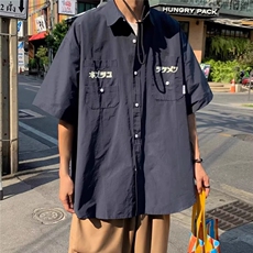 夏季新款日系复古cityboy短袖工装衬衫男宽松情侣休闲印花衬衣男，男装T恤，星座506A