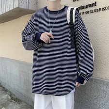 夏季日系宽松情侣条纹T恤潮流港风ins长袖圆领上衣男T1301-P24，男装T恤，星座512-2