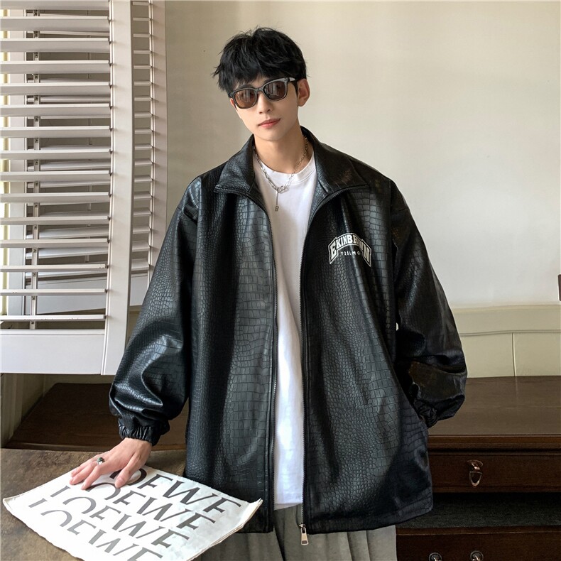 港风鳄鱼纹皮衣大码M-5XL潮美式字母印花皮夹克JK7815P90控128,男装夹克,星座227-7
