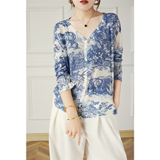 2024年秋季冬季新款常规通勤时尚水墨画森林动物精细仿羊毛V开衫，女装针织衫/毛衣，丽特绒