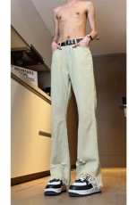 现货黄泥美式vibe裤高街黑色破洞微喇直筒毛边牛仔裤男K890-P55，男装牛仔裤，星座205