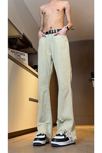 现货 黄泥美式vibe裤高街黑色破洞微喇直筒毛边牛仔裤男 K890-P55图片