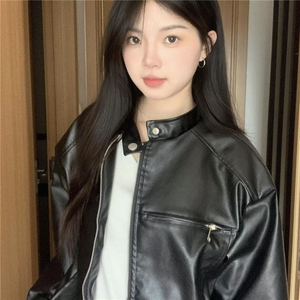 春季新款复古酷飒立领机车皮衣女韩版休闲黑色夹克外套图片