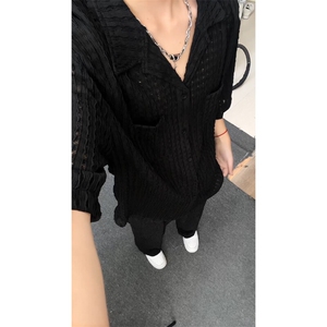 镂空针织短袖男女可穿凉感夏休闲宽松慵懒风透气T恤衬衫DX513P40