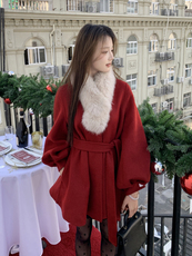 现货新款圣诞款2176-P350-K520双面羊绒大衣配狐狸毛围脖，女装双面呢大衣，然然