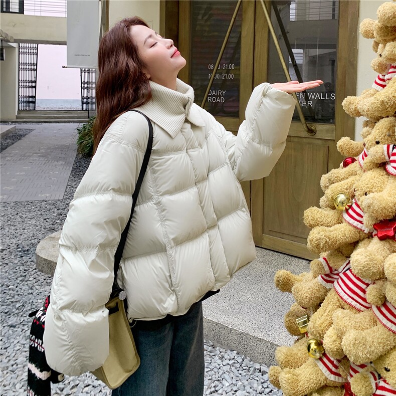 针织领白色羽绒服女冬2025年超火好看高级小众加厚短款面包服外套,女装羽绒服,2B109
