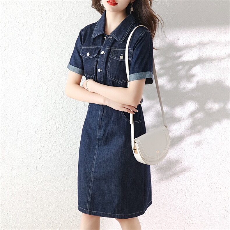 薄款牛仔衬衫连衣裙女2025年夏季新款气质收腰小个子短袖翻领裙子,女装连衣裙,美沁
