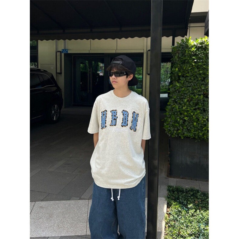 M544-P35贴布绣四字潮流美式上衣时尚宽松百搭短袖T恤 男女同款图片