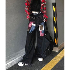 春秋季新款格子贴布设计牛仔裤男女宽松阔腿直筒长裤NE08，男装牛仔裤，星座1116A（原606A-3）