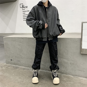 美式复古棒球服男春秋季宽松休闲连帽pu皮纹理夹克外套JK9306-P85图片