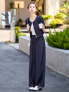 复古减龄天丝牛仔套装女2025夏季新款休闲短袖上衣阔腿长裤两件套图片