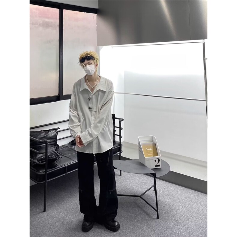 C689-P42小众金属拉链长袖衬衫男秋季美式高街痞帅宽松高级,男装T恤,电商B323A
