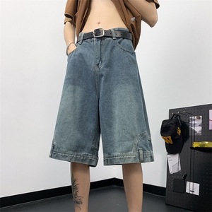 夏季新款倒穿牛仔短裤反穿设计潮牌美式宽松阔腿休闲短裤图片