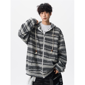 8XL-M潮情侣美式磨毛编织条纹针织衫卫衣宽松拉链外套WY30P88