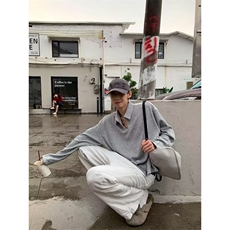 灰色V领针织衫男高级感复古polo衫潮牌宽松慵懒风长袖t恤，男装Polo衫，四季星座505