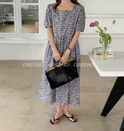 方领碎花连衣裙，女装连衣裙，GREENO