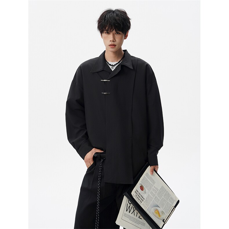 8XL-M风新中式黑色翻领长袖衬衫男秋季休闲衬衣痞帅CS537P58,男装衬衫,电商D206-1