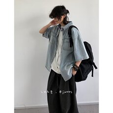 夏日系水洗做旧短袖牛仔衬衫复古潮牌翻领工装衬衣外套XCS48，男装T恤，星座208-5