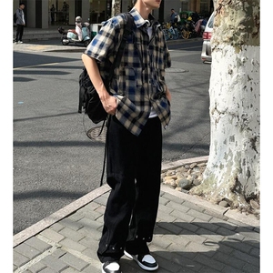 微喇机能拼接扣子牛仔小黑裤潮牌直筒裤男士高街长裤~B783图片